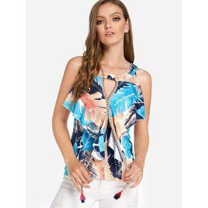 Imperfect Women's Pink and blue keyhole cutout Ruffled Leaves Blouse Size Large